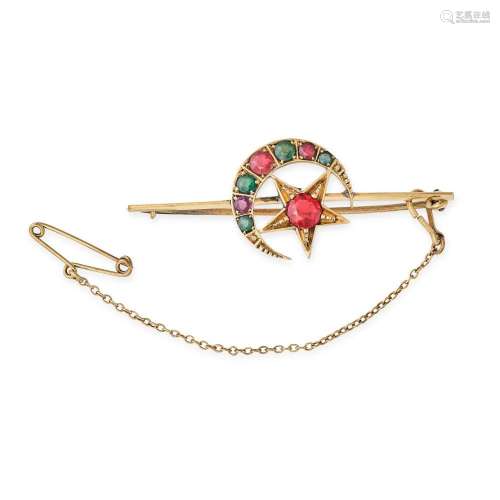 AN ANTIQUE PASTE CRESCENT MOON BAR BROOCH in yellow gold, wi...