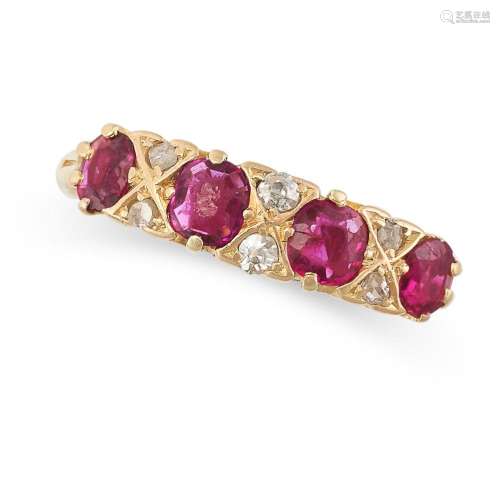 A SYNTHETIC RUBY AND DIAMOND RING set with five cushion cut ...