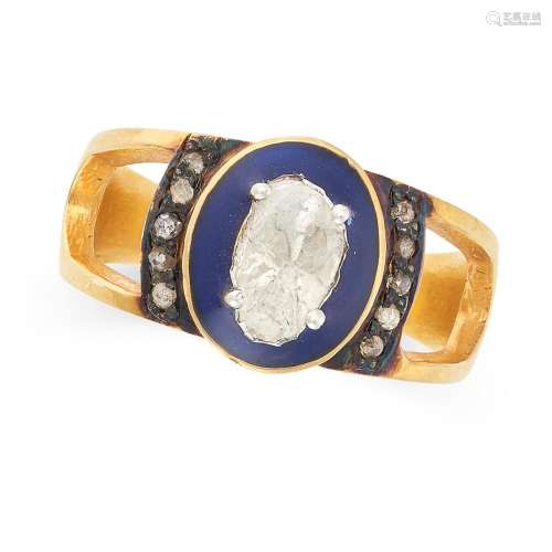 A BLUE ENAMEL AND DIAMOND RING set with a central flat cut d...