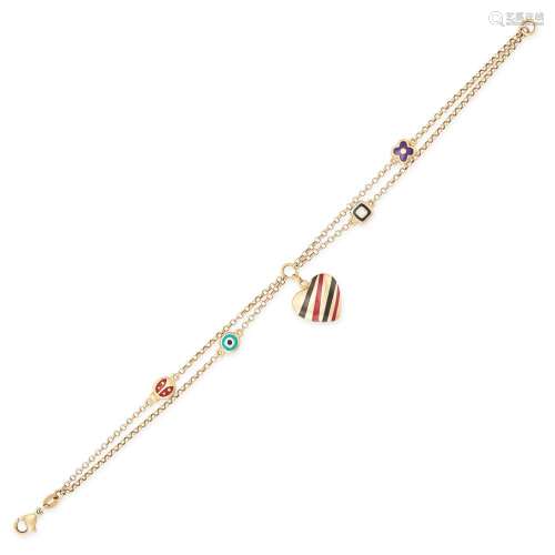 AN ENAMEL CHARM BRACELET in 18ct yellow gold, with a black a...