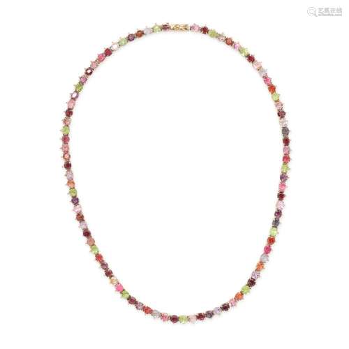 A GEMSET LINE NECKLACE in 9ct yellow gold, set with a row of...