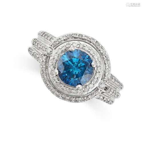 A BLUE AND WHITE DIAMOND RING set with an irradiated blue di...