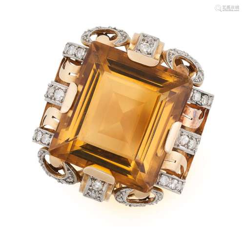 A RETRO CITRINE AND DIAMOND RING COCKTAIL RING in rose and w...