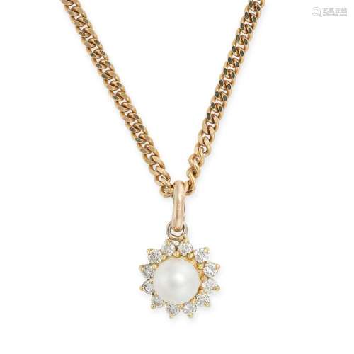 A PEARL AND WHITE GEMSTONE PENDANT AND CHAIN in 9ct yellow g...