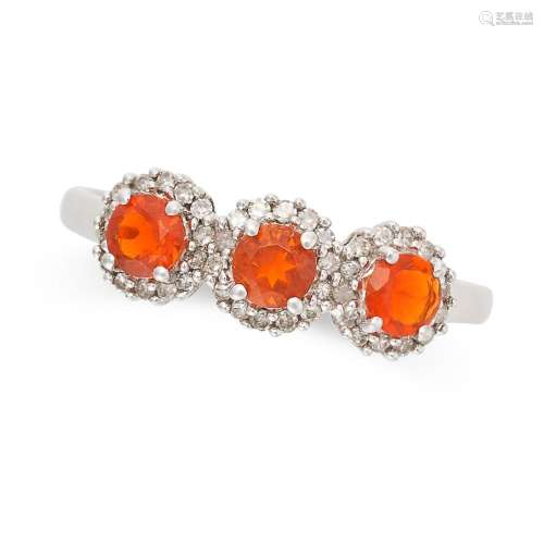 A FIRE OPAL AND DIAMOND RING in 9ct white gold, with three f...