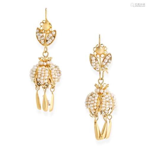 A PAIR OF PEARL DROP EARRINGS in yellow gold, set with seed ...