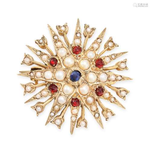 A VINTAGE PEARL, SAPPHIRE AND RED PASTE STAR BROOCH in 9ct y...