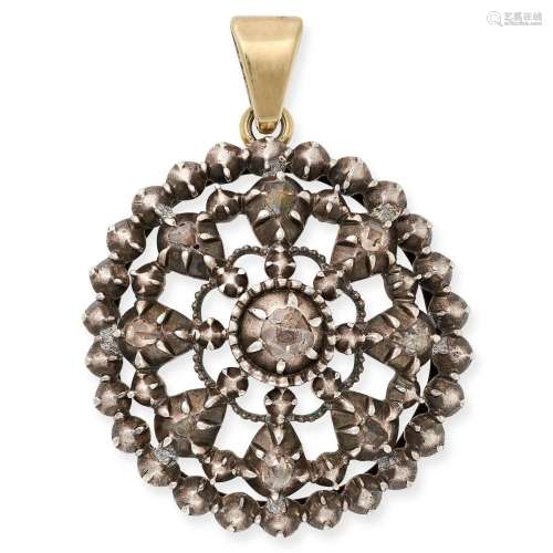 AN ANTIQUE DIAMOND PENDANT in yellow gold and silver, the ci...