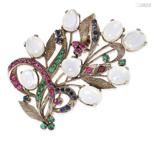A VINTAGE RUBY, SAPPHIRE, EMERALD AND MOONSTONE SPRAY BROOCH...