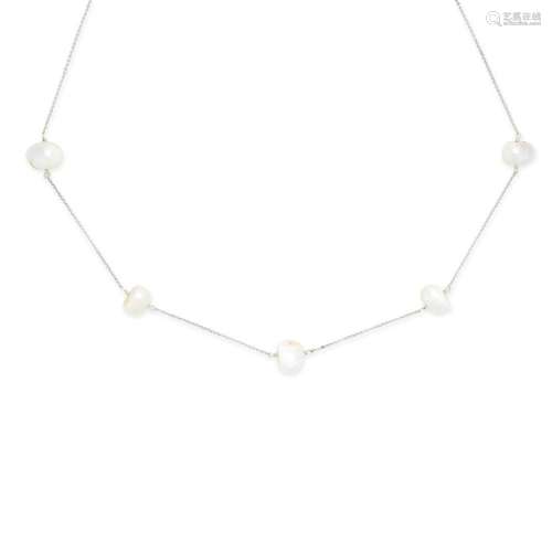 A PEARL CHAIN NECKLACE in 9ct white gold, set with five baro...