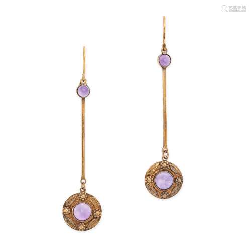 A PAIR OF AMETHYST DROP EARRINGS in 9ct yellow gold, each se...