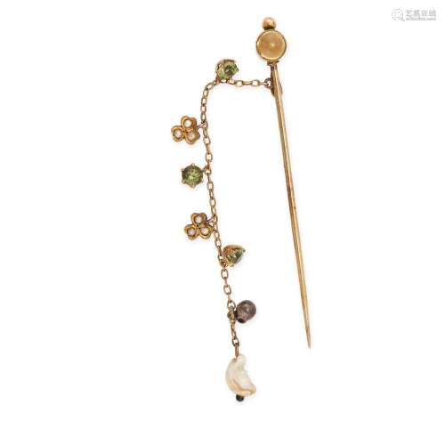 AN ANTIQUE CITRINE, GREEN ZIRCON AND PEARL STICK PIN in yell...