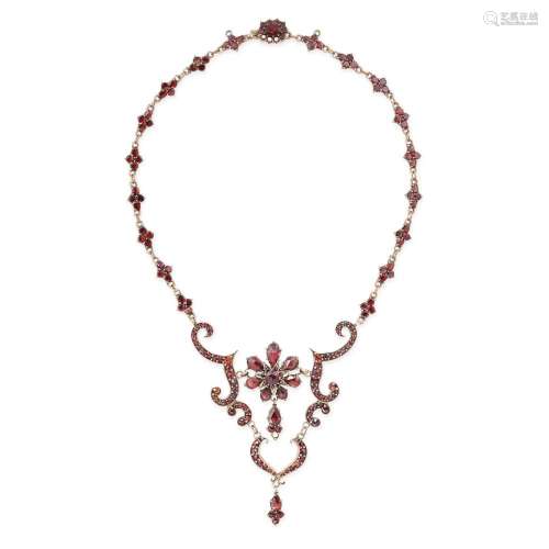 AN ANTIQUE GARNET NECKLACE comprising a series of garnet clu...