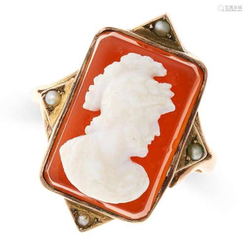 AN ANTIQUE HARDSTONE CAMEO AND PEARL RING in 9ct yellow gold...