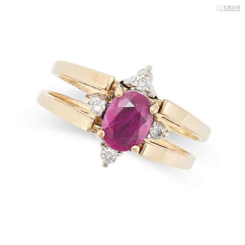 A RUBY AND DIAMOND REVERSIBLE DOUBLE RING the hinged band re...