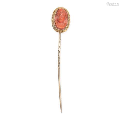 AN ANTIQUE CORAL CAMEO STICK PIN the head set with a carved ...