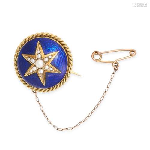 AN ANTIQUE ENAMEL AND PEARL STAR BROOCH in circular design, ...