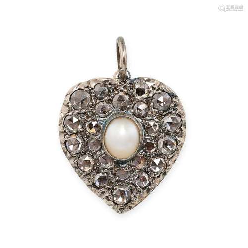 AN ANTIQUE DIAMOND AND PEARL HEART PENDANT in yellow gold an...