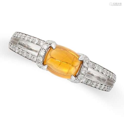 A CITRINE AND DIAMOND RING in 18ct white gold, set with a ca...