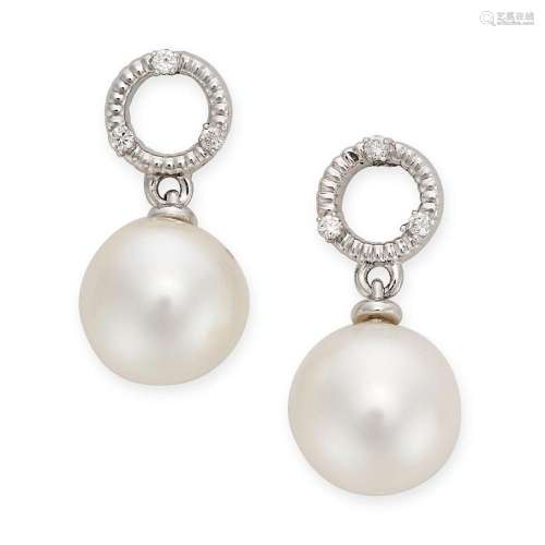 A PAIR OF PEARL AND DIAMOND DROP EARRINGS in 9ct white gold,...