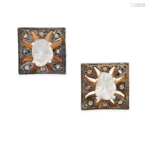A PAIR OF DIAMOND EARRINGS the square face set with a centra...
