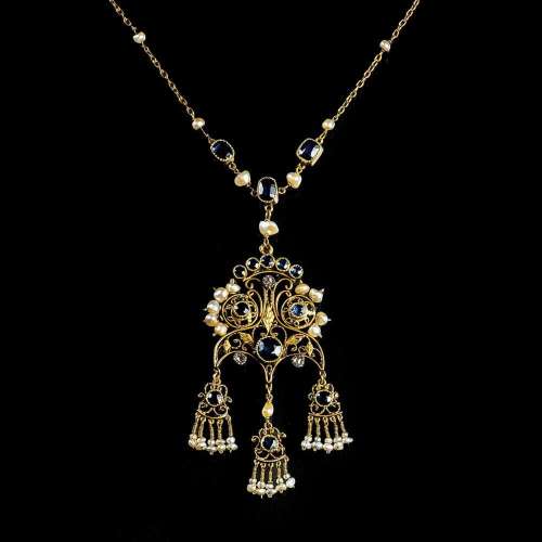 An antique Napoloen III Filigree Sapphire Necklace with Seed...