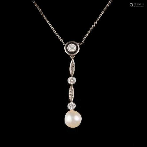 An Art-déco Diamond Pearl Pendant on Necklace.