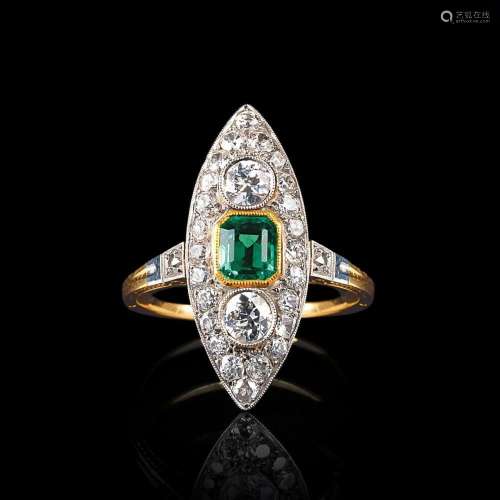An Art-déco Diamond Emerald Ring.