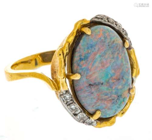 LADIES BLACK OPAL AND DIAMOND RING, 18 KT YELLOW GOLD, SIZE:...