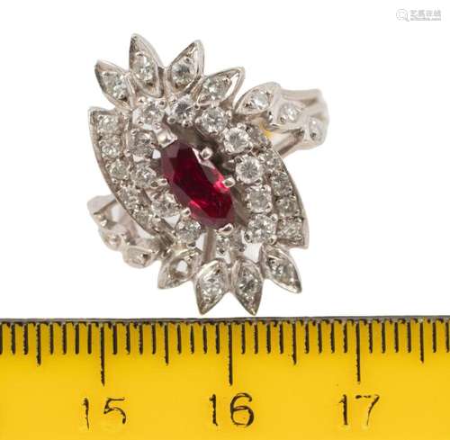 14K WHITE GOLD RING, MARQUIS RUBY AND DIAMONDS, C. 1960, SIZ...