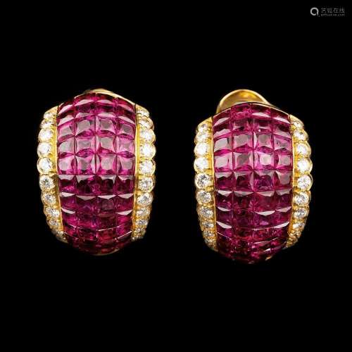 A Pair of Earrings with Ruby Carrés and Diamonds.