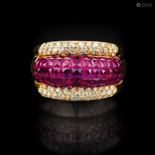 A Ring with Ruby Carrées and Diamonds.