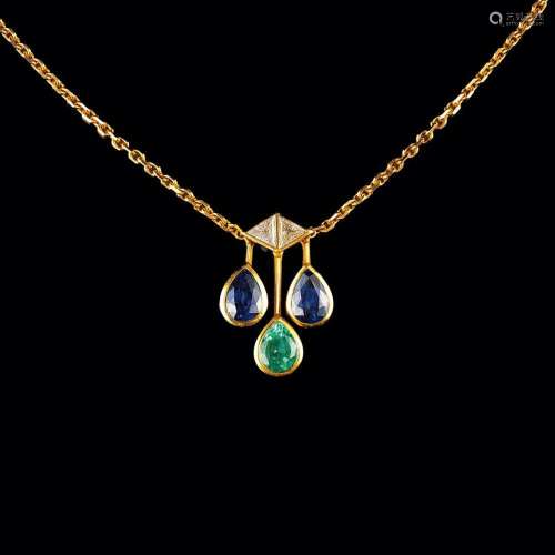 A Sapphire Emerald Diamond Pendant on Necklace.