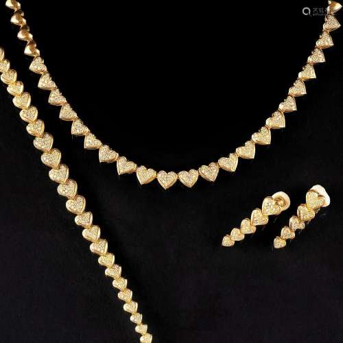 A Diamond Demi Parure with Hearts: Bracelet, Necklace and Ea...