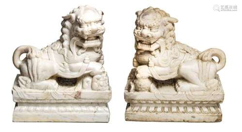 CHINESE CARVED MARBLE IMPERIAL LIONS, PAIR, H 24", L 21...