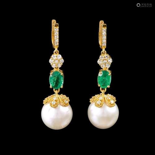 A Pair of Southsea Pearls Emerald Diamond Earpendants.