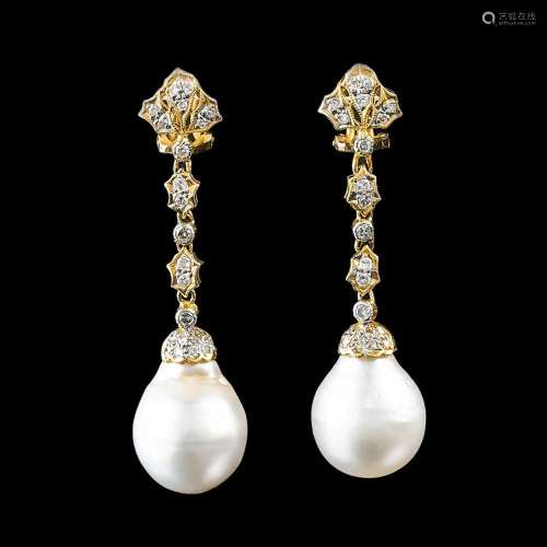 A Pair of Southsea Pearl Diamond Earrings.
