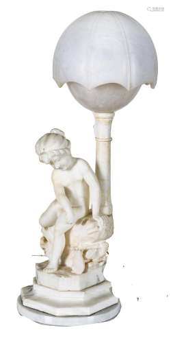 CARVED MARBLE AND ALABASTER LAMP, CHERUB C 1910 H 24" W...