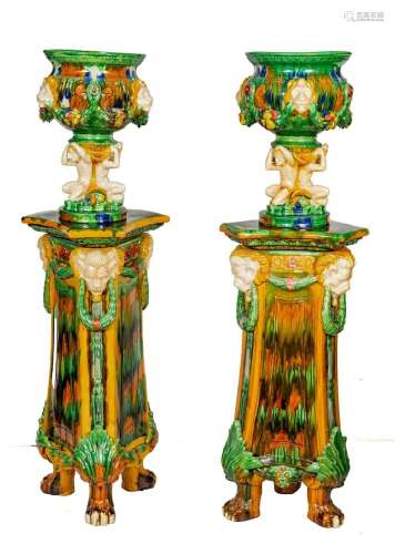 MONUMENTAL MAJOLICA PEDESTAL URNS, PAIR, H 61.5", DIA 2...