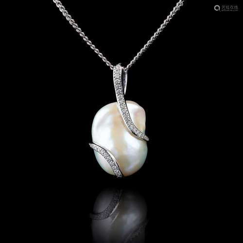 Bucherer A baroque Pearl Diamond Pendant on Necklace.