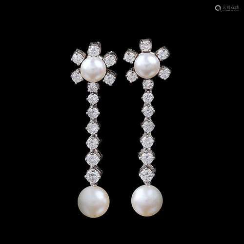 A Pair of Pearl Diamond Earpendants.