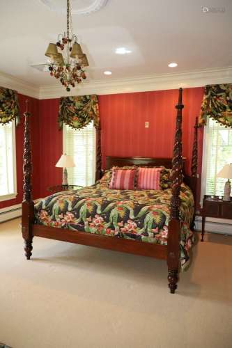 CARVED MAHOGANY FOUR POSTER KING SIZE BED, H 88", W 86&...