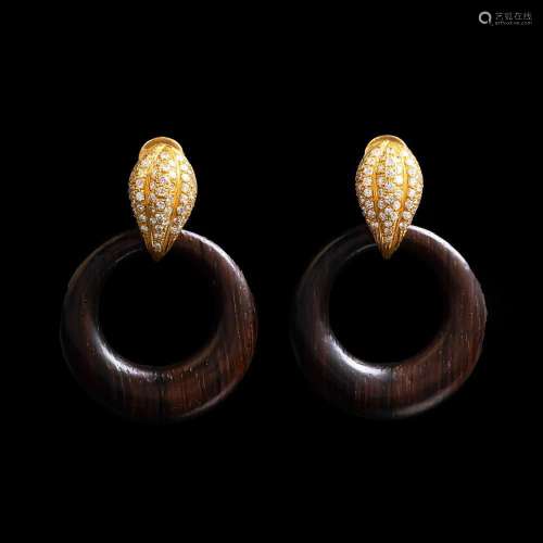 A Pair of Diamond Earrings with Wooden Pendants.