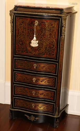FRENCH BOULLE MARBLE TOP DROP FRONT SECRETARY, 19TH C. , H 4...
