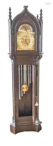 HERSCHEDE GOTHIC STYLE CARVED OAK GRANDFATHER CLOCK, C. 1900...