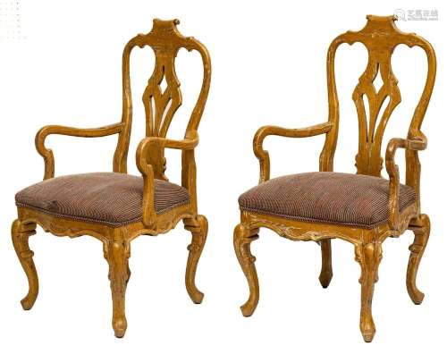 GEORGE II STYLE CARVED PINE OPEN ARMCHAIRS, SET OF FOUR, H 4...