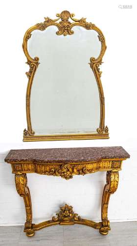 CARVED GILT WOOD, MARBLE TOP CONSOLE TABLE AND MIRROR, H 81&...