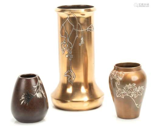 HEINTZ STERLING ON BRONZE VASES, EARLY 20TH C., THREE PIECES...