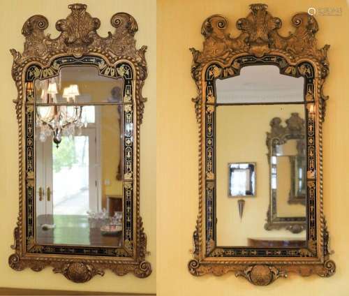 RENAISSANCE STYLE GILDED EGLOMISE MIRRORS, PAIR, H 65",...