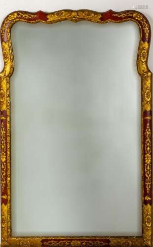 CHINOISERIE DESIGN RED LACQUERED AND GILT FLORAL MIRROR H 37...